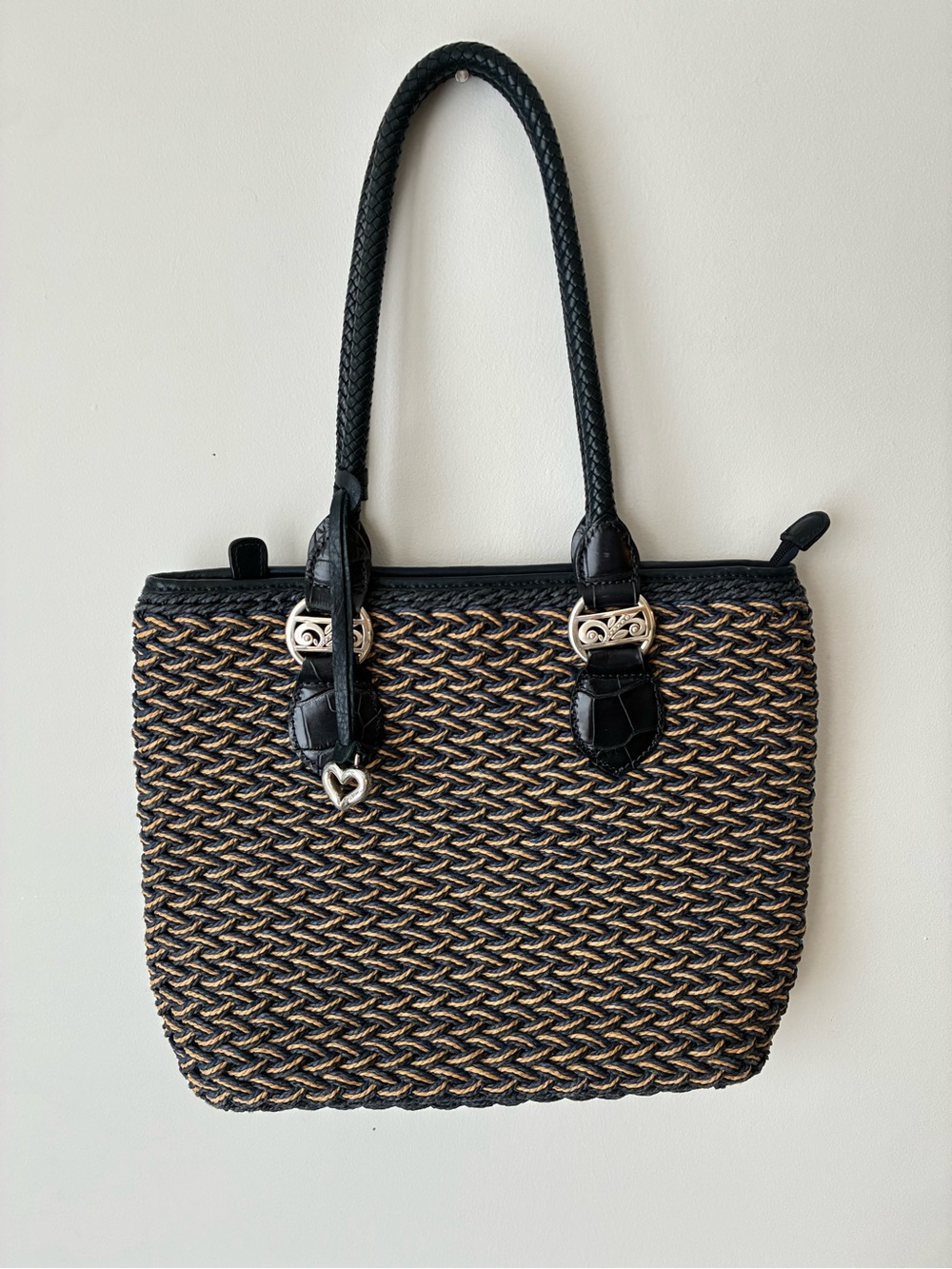 Brighton Tote Bag Vicky Black Tan Woven Straw Leather Heart Charm